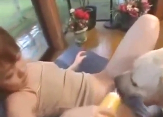 Japanese babe keeps her legs spread for a dog