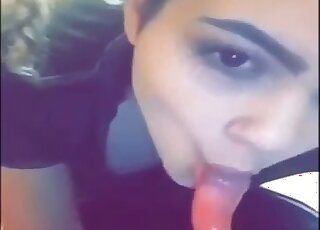 Cutie is sucking her doggy's huge dick with love
